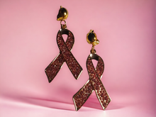 Load image into Gallery viewer, Rhinestone breast cancer awareness ribbon clip on earrings
