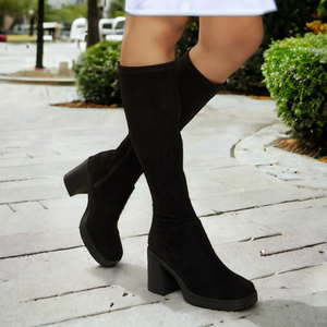 Stretch Faux Suede Knee High Block Heel Boots 12 NWT