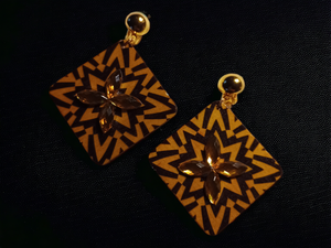 Abstract wood and rhinestone clip on earrings
