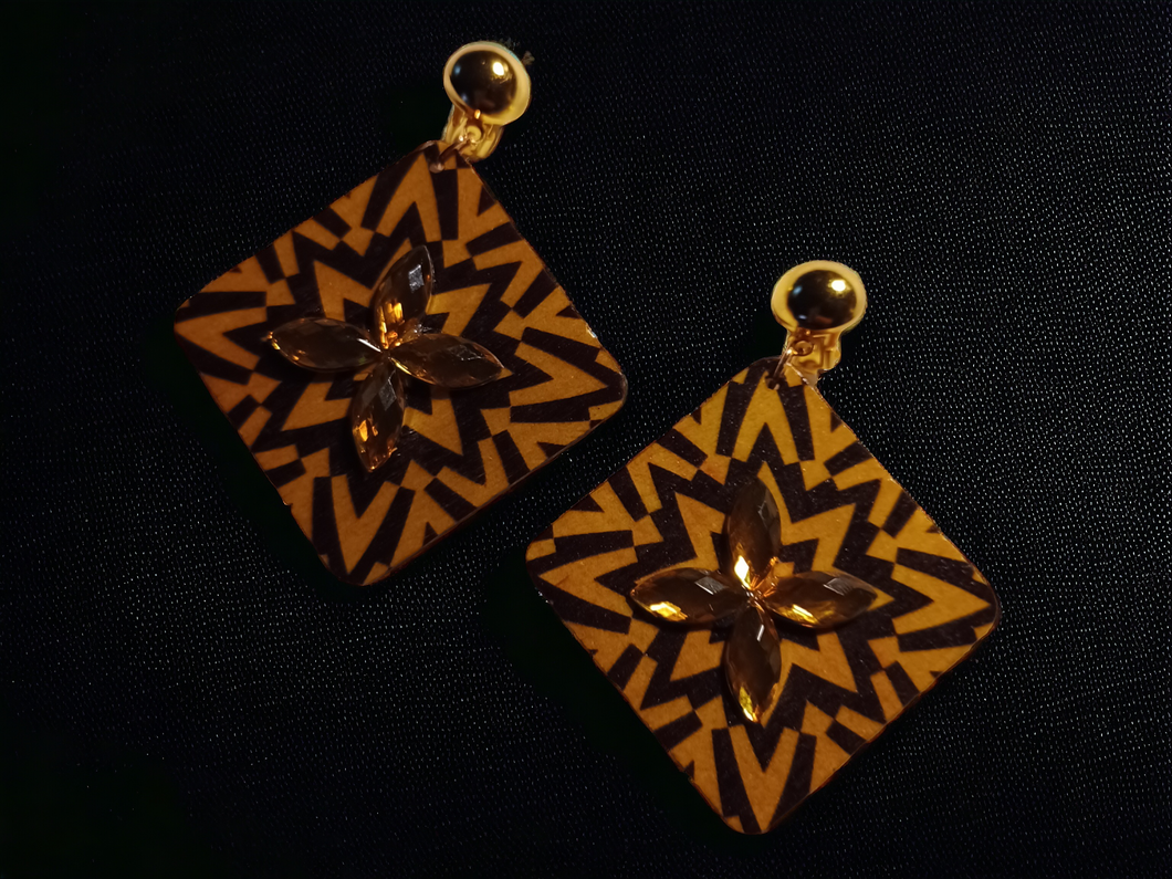 Abstract wood and rhinestone clip on earrings