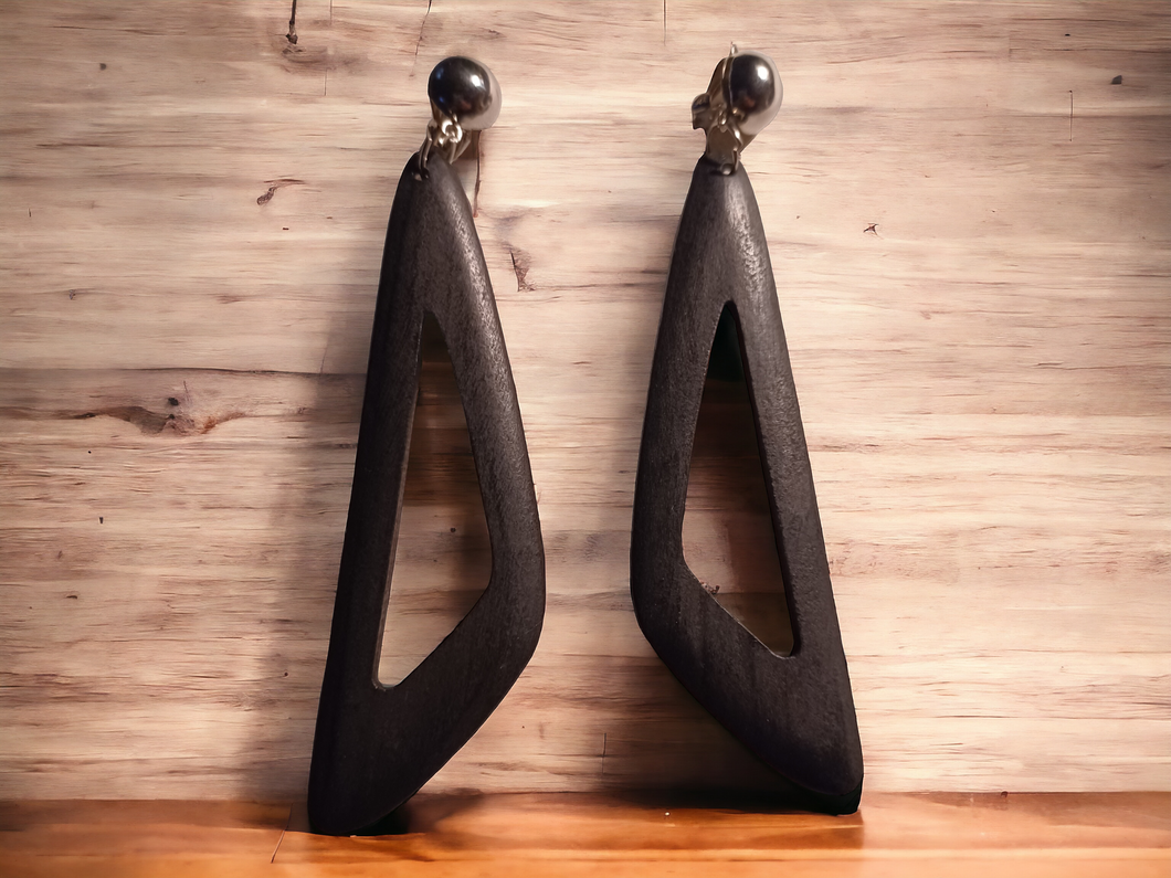 Hand carved minimalist wood clip on earrings