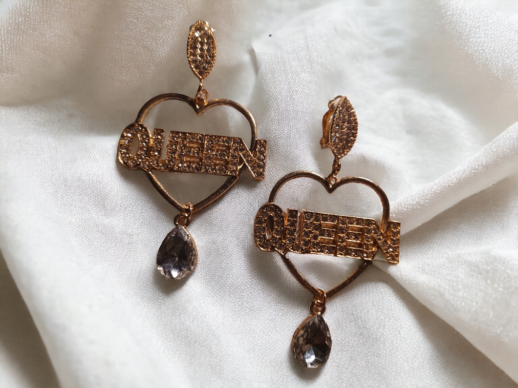 Handmade gold rhinestone Queen clip on earrings
