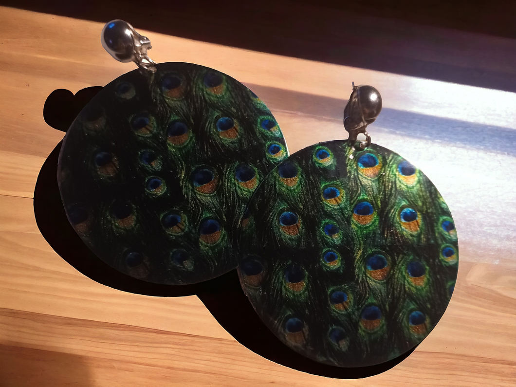 Large boho peacock design clip on earrings