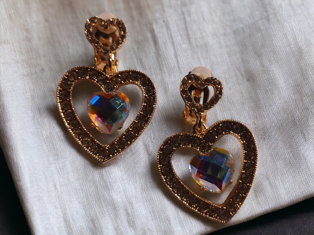 Clip on rhinestone heart dangle earrings