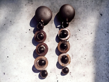 Load image into Gallery viewer, Handmade geometric abalone shell and wood clip on earrings
