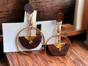 Handmade wood and brass clip on earrings