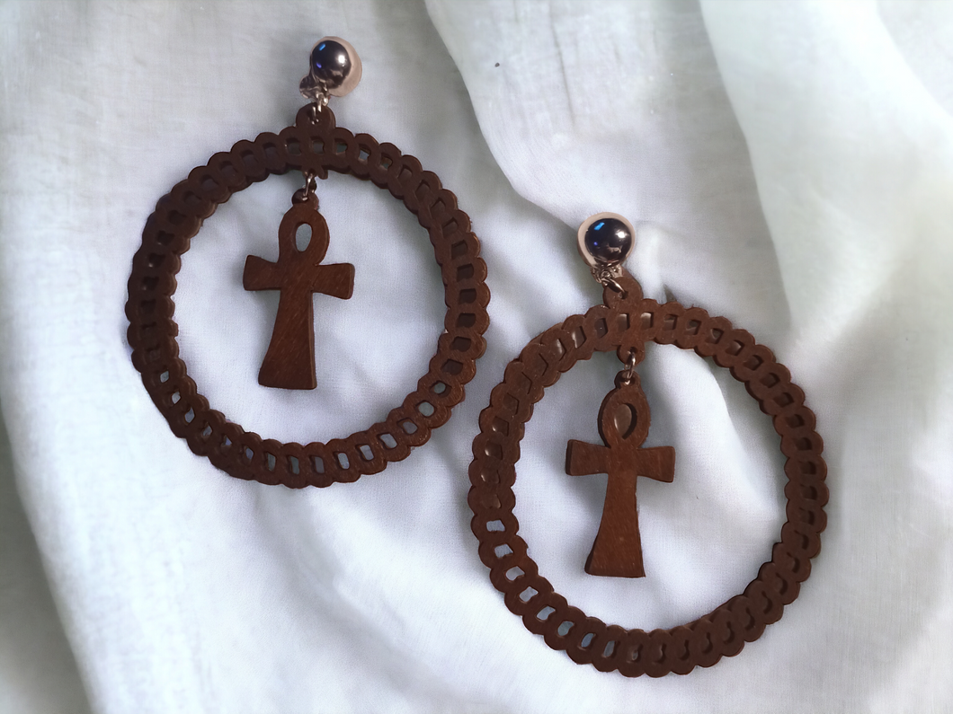 Handmade large wooden clip on ankh hoops