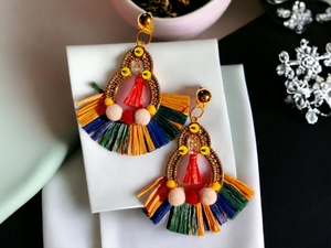 Colorful boho raffia clip on earrings