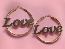 Load image into Gallery viewer, Large gold Love nameplate hoops
