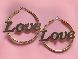 Large gold Love nameplate hoops