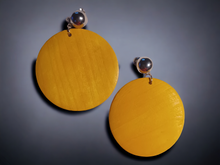 Load image into Gallery viewer, Classic yellow wooden disc clip on earrings

