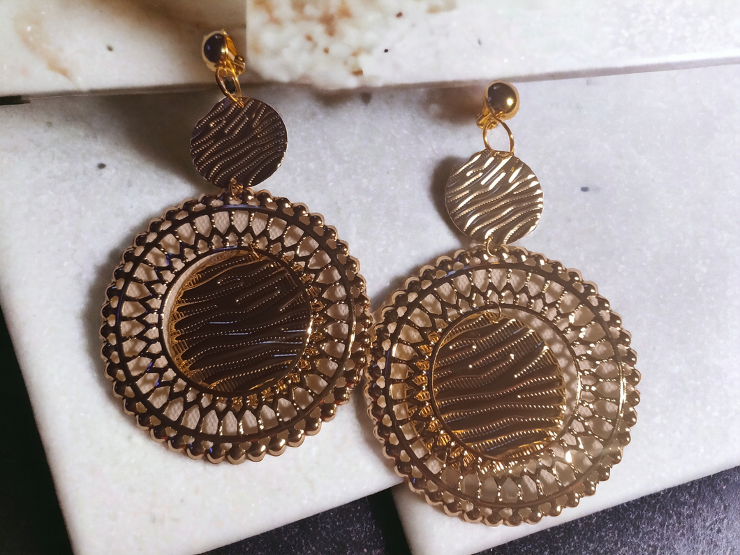 Hammered metal disc clip on earrings 4 inch