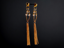 Load image into Gallery viewer, Handmade long metal and chain clip on earrings
