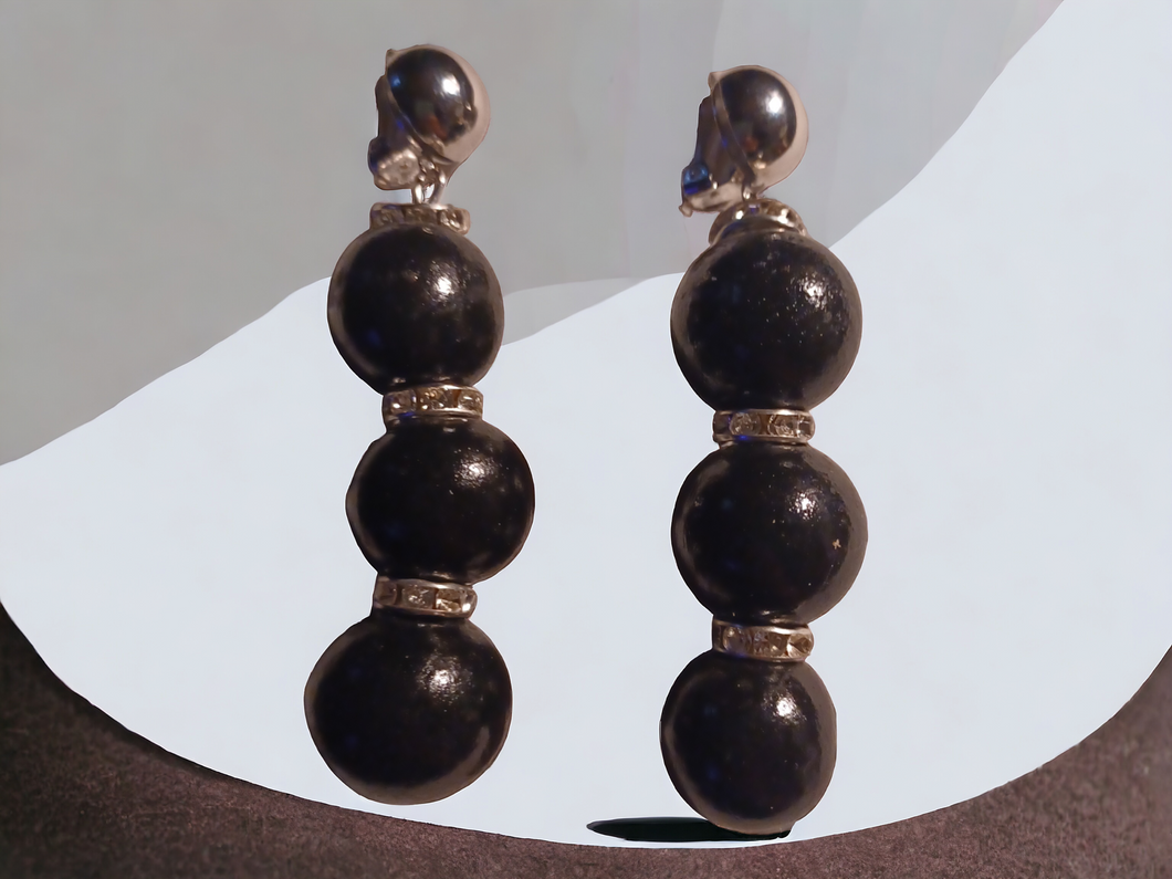 Wood bead and rhinestone clip on earrings