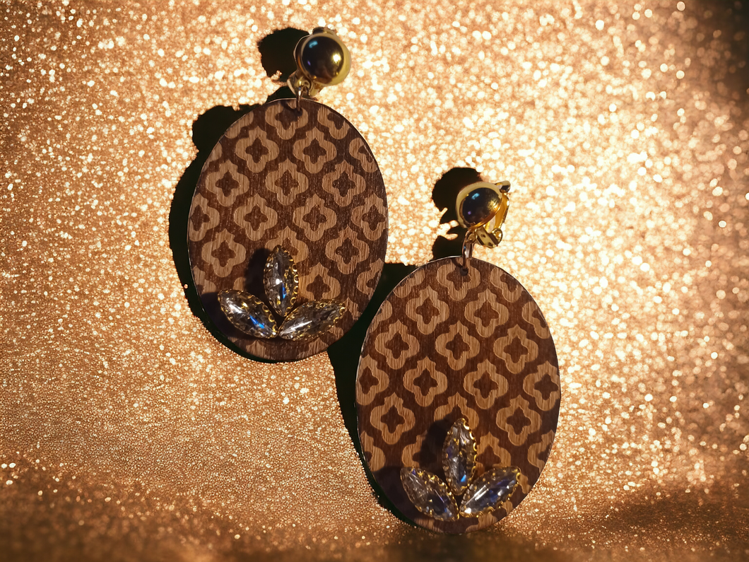 Boho wood and rhinestone clip on earrings