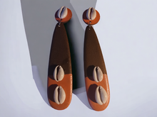 Load image into Gallery viewer, Handmade wood and cowrie clip on earrings
