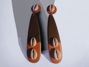 Handmade wood and cowrie clip on earrings