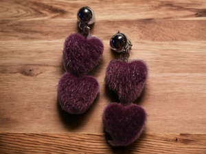 Faux fur clip on heart earrings