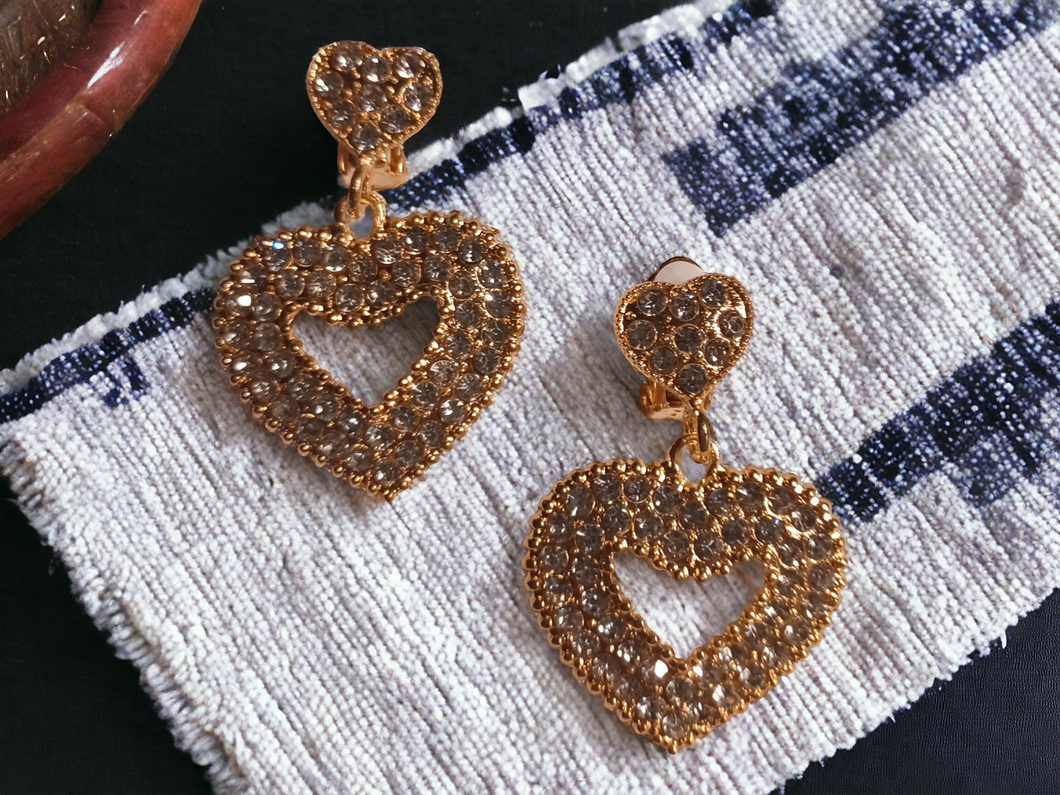 Small Rhinestone heart clip on earrings