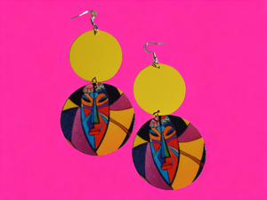 Colorful tribal mask wooden earrings