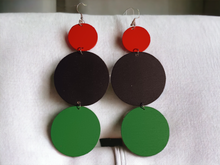 Load image into Gallery viewer, Red black and green wooden disc earrings
