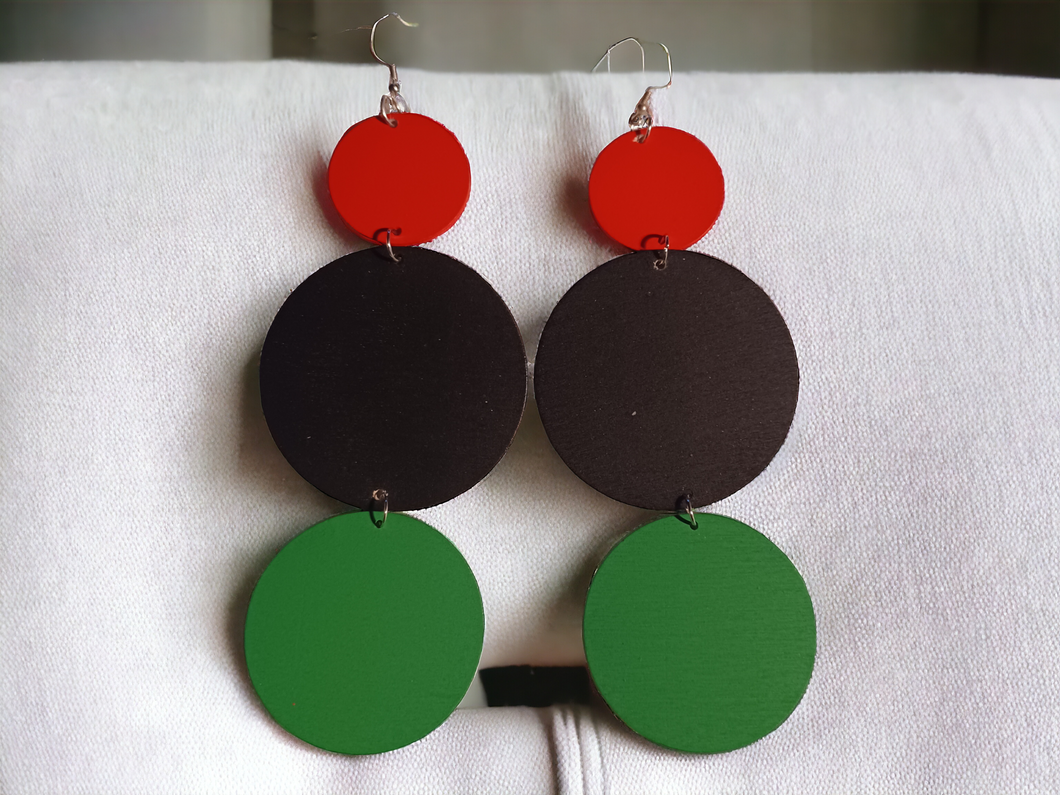Red black and green wooden disc earrings