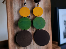 Load image into Gallery viewer, Extra long wooden disc clip on earrings
