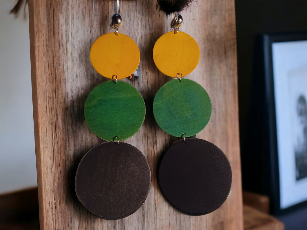 Extra long wooden disc clip on earrings