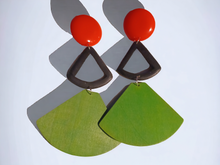 Load image into Gallery viewer, Giant colorblock pop art wood and acrylic clip on earrings
