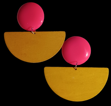 Load image into Gallery viewer, Giant colorblock pop art wood and acrylic clip on earrings
