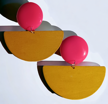 Load image into Gallery viewer, Giant colorblock pop art wood and acrylic clip on earrings
