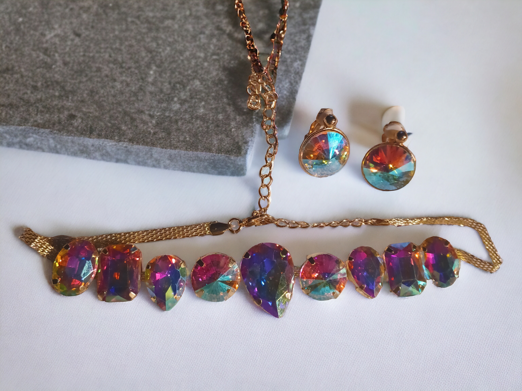 Colorful rhinestone chocker and clip on earrings set