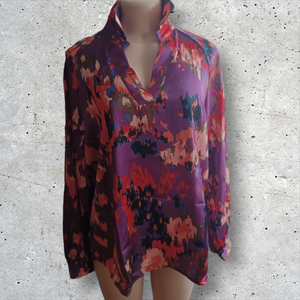 Graffiti floral print Satin Blouse L