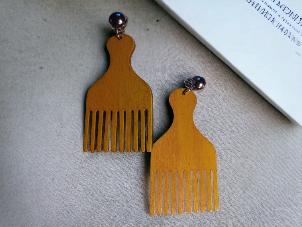 Classic Clip On Wooden Afro pick Earrings