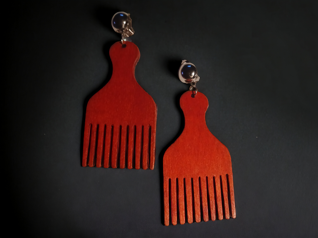 Classic Clip On Wooden Afro pick Earrings