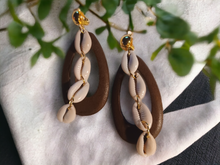 Load image into Gallery viewer, Handmade wood and cowrie shell hoop clip on earrings
