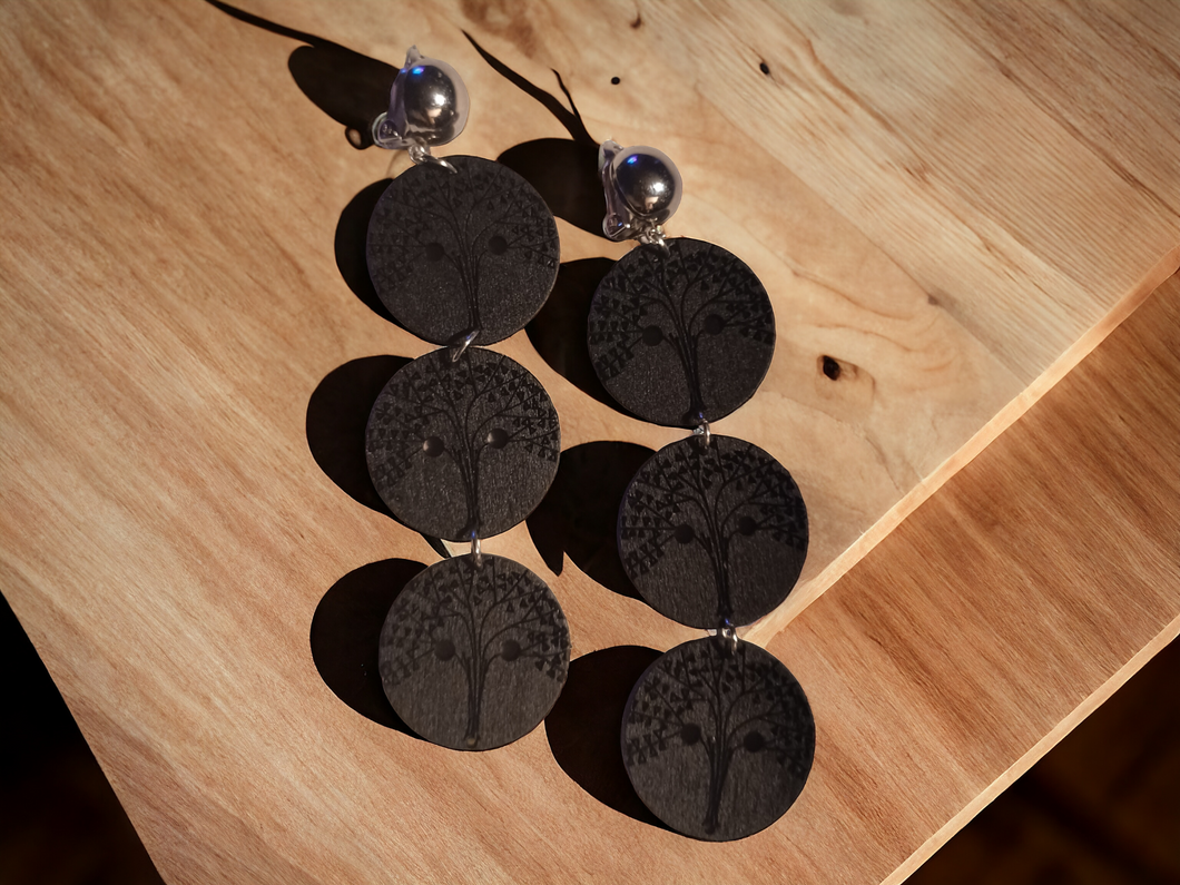 Natural wood tree of life clip on earrings