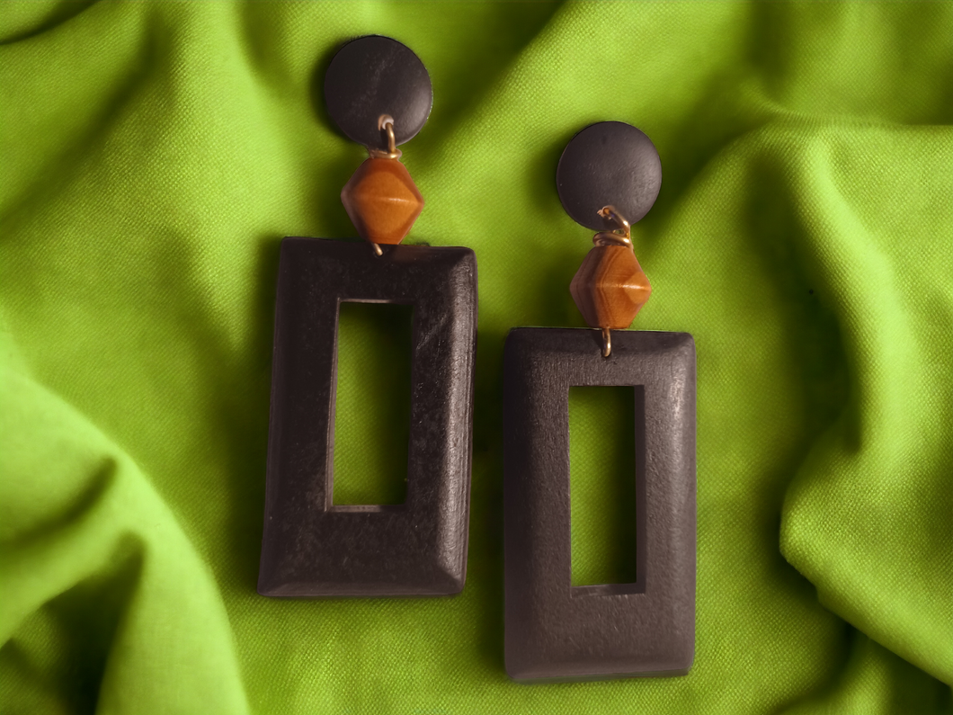 Handmade boho carved wood clip on earrings