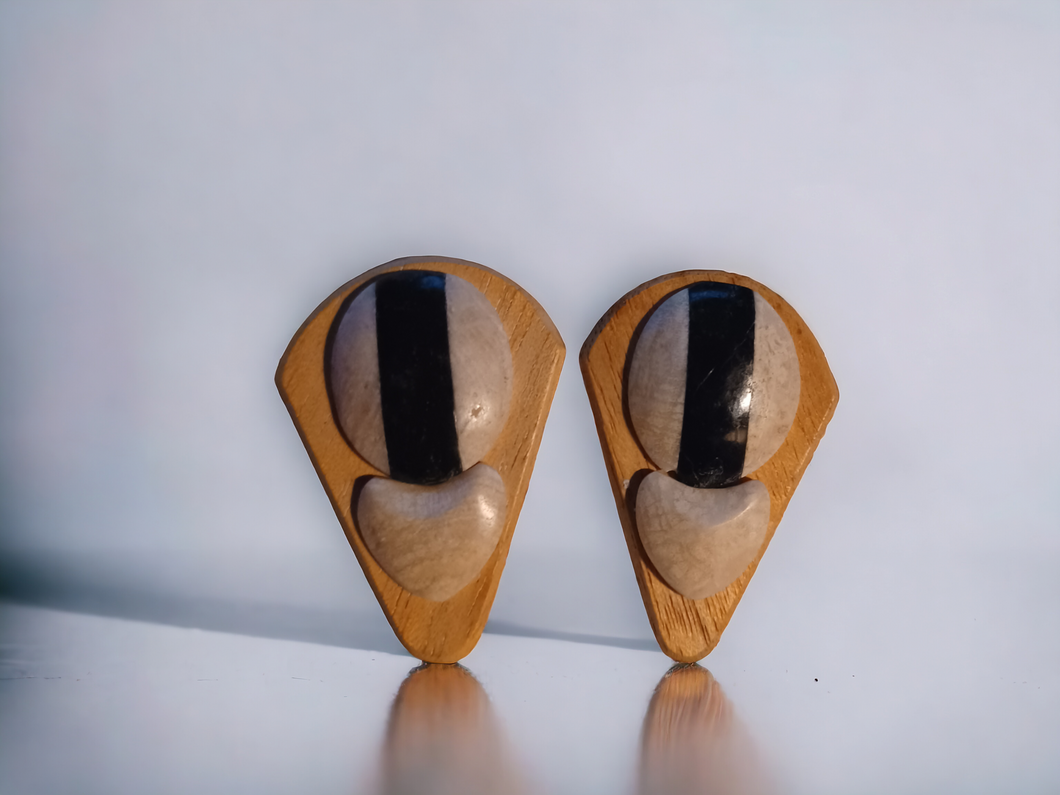 Vintage Abstract wood and horn clip on earrings