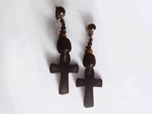 Load image into Gallery viewer, Handmade Hematite and wood clip on Ankh Earrings
