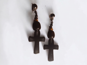 Handmade Hematite and wood clip on Ankh Earrings