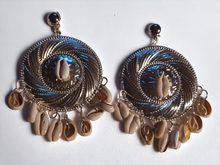 Load image into Gallery viewer, Handmade Hammered Metal and cowrie Clip on earrings large size
