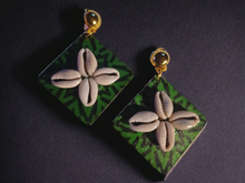 Load image into Gallery viewer, Abstract wood and metal cowrie clip on earrings
