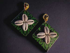 Abstract wood and metal cowrie clip on earrings