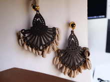 Load image into Gallery viewer, Handmade Abstract wood and cowrie shell Clip On earrings
