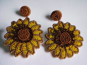 Hand beaded sunflower clip on earrings