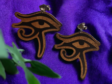 Load image into Gallery viewer, Extra large wooden eye of horus clip on earrings
