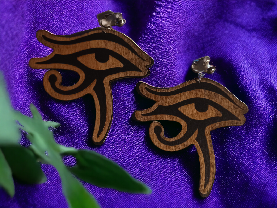 Extra large wooden eye of horus clip on earrings