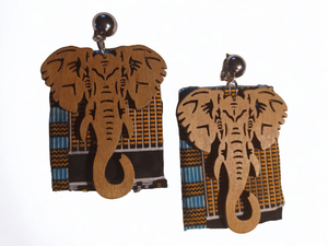 Handmade wood and kente African elephant clip on earrings