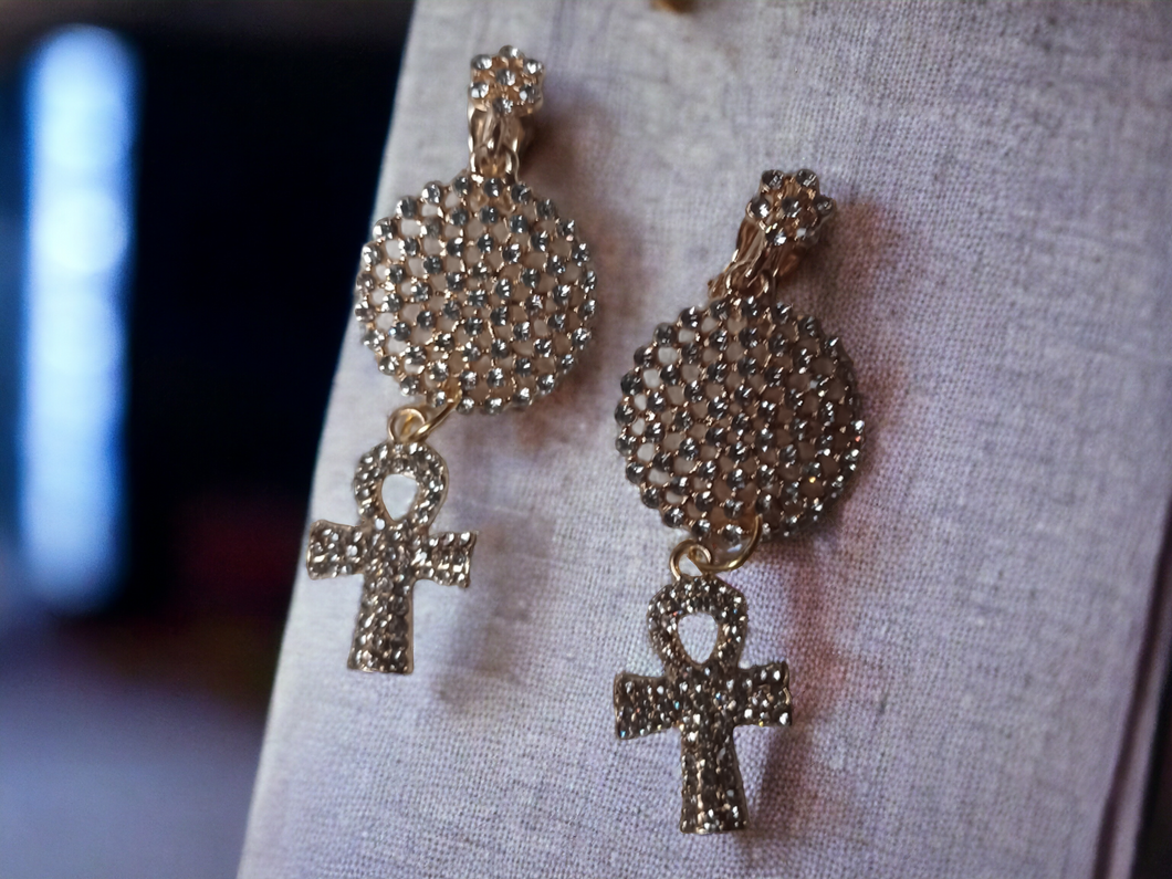 Handmade Clip on rhinestone ankh earrings